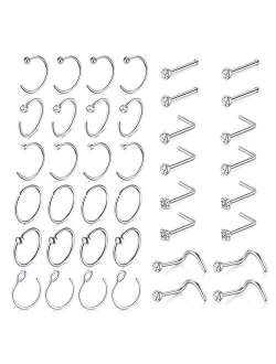 MODRSA 18G Nose Rings Hoop Surgical Stainless Steel Nose Rings Studs Screw L-Shaped Nose Stud Tragus Cartilage Helix Earrings Hoop Nose Piercing Jewelry for Women Set