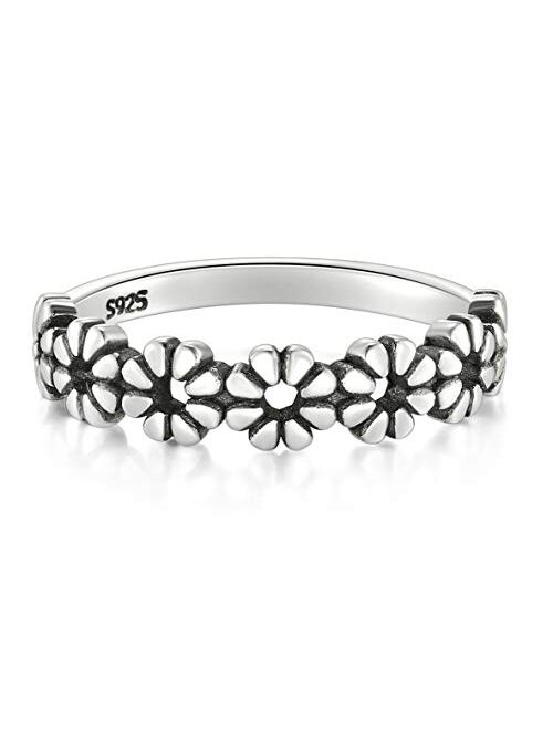 BORUO 925 Sterling Silver Ring, Daisy Flower Hawaiian High Polish Tarnish Resistant Comfort Fit Wedding Band Ring