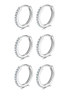 3 Pairs Sterling Silver Small Hoop Earrings Cubic Zirconia Cuff Earrings | Tiny Cartilage Huggie Hoop Earrings Piercing Jewellery for Women Girls