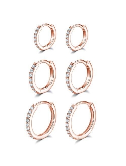 3 Pairs Sterling Silver Small Hoop Earrings Cubic Zirconia Cuff Earrings | Tiny Cartilage Huggie Hoop Earrings Piercing Jewellery for Women Girls