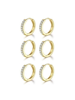 3 Pairs Sterling Silver Small Hoop Earrings Cubic Zirconia Cuff Earrings | Tiny Cartilage Huggie Hoop Earrings Piercing Jewellery for Women Girls