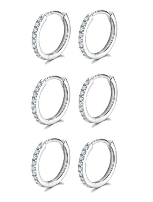 3 Pairs Sterling Silver Small Hoop Earrings Cubic Zirconia Cuff Earrings | Tiny Cartilage Huggie Hoop Earrings Piercing Jewellery for Women Girls