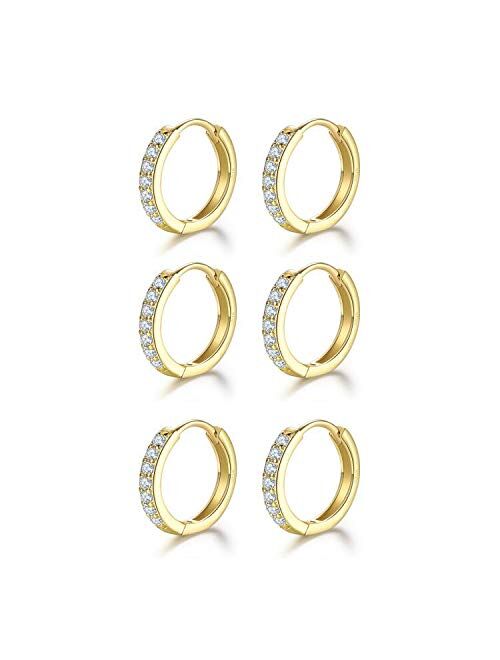 3 Pairs Sterling Silver Small Hoop Earrings Cubic Zirconia Cuff Earrings | Tiny Cartilage Huggie Hoop Earrings Piercing Jewellery for Women Girls