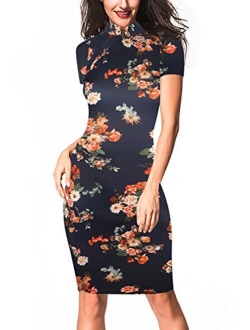 oxiuly Women's Vintage Floral Flare Stretch Stand Collar Casual Work Pencil Dress OX183