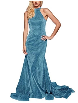 Leeskoot Women's Spaghetti V-Neck Prom Dresses Long Mermaid Evening Gown Glittery Bridesmaid Dress