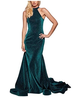 Leeskoot Women's Spaghetti V-Neck Prom Dresses Long Mermaid Evening Gown Glittery Bridesmaid Dress