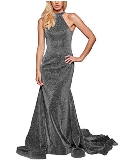 Leeskoot Women's Spaghetti V-Neck Prom Dresses Long Mermaid Evening Gown Glittery Bridesmaid Dress