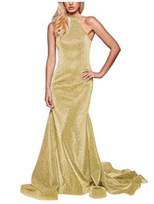 Leeskoot Women's Spaghetti V-Neck Prom Dresses Long Mermaid Evening Gown Glittery Bridesmaid Dress