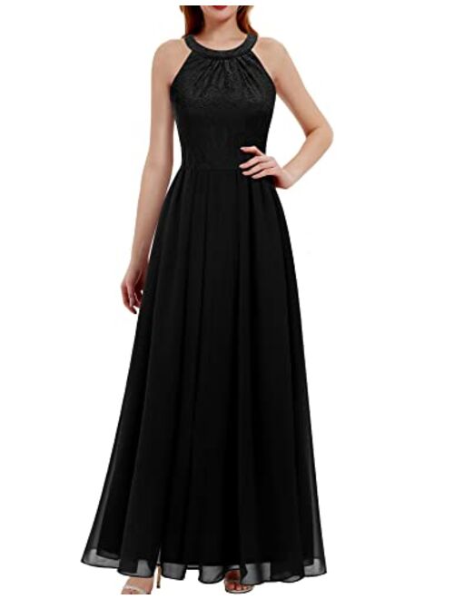 Dressystar Women's Long Formal Dress Halter Lace Chiffon Dress Wedding Bridesmaid Party Gown