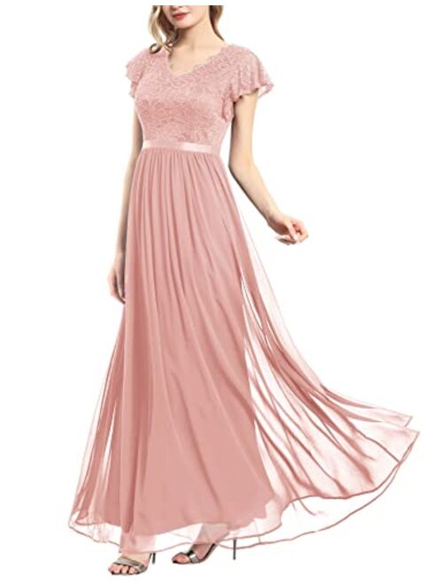 Dressystar Women's Long Formal Dress Halter Lace Chiffon Dress Wedding Bridesmaid Party Gown