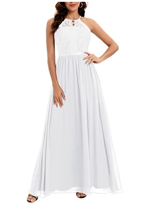 Dressystar Women's Long Formal Dress Halter Lace Chiffon Dress Wedding Bridesmaid Party Gown