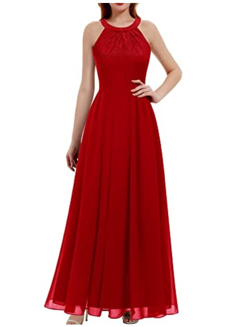 Dressystar Women's Long Formal Dress Halter Lace Chiffon Dress Wedding Bridesmaid Party Gown