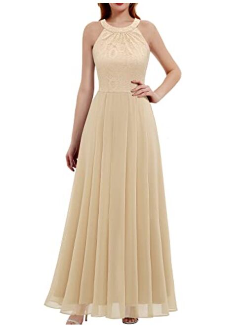 Dressystar Women's Long Formal Dress Halter Lace Chiffon Dress Wedding Bridesmaid Party Gown