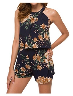 Top-Vigor Women Off Shoulder Romper Summer Sleeveless Halter Neck Floral Print Striped Beach Shorts Jumpsuits Rompers