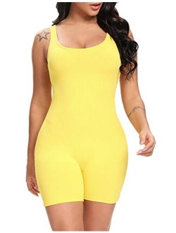 Fanuerg Womens Summer Sexy Ribbed Sleeveless Bodycon Rompers Shorts Jumpsuits