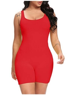 Fanuerg Womens Summer Sexy Ribbed Sleeveless Bodycon Rompers Shorts Jumpsuits