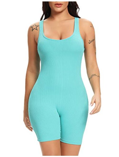 Fanuerg Womens Summer Sexy Ribbed Sleeveless Bodycon Rompers Shorts Jumpsuits