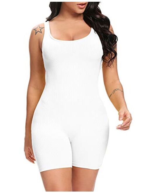 Fanuerg Womens Summer Sexy Ribbed Sleeveless Bodycon Rompers Shorts Jumpsuits