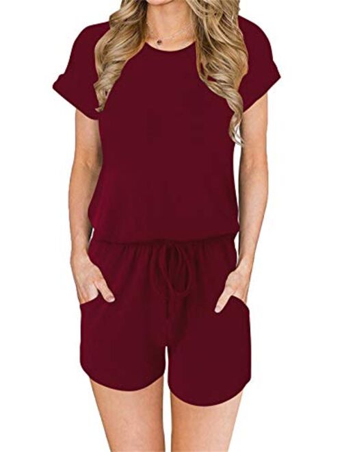 Ensanrt Women's Crewneck Short Sleeve Romper Casual Loose Solid Short Rompers Jumpsuits with Pockets