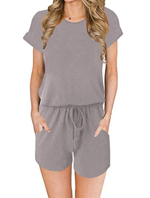 Ensanrt Women's Crewneck Short Sleeve Romper Casual Loose Solid Short Rompers Jumpsuits with Pockets