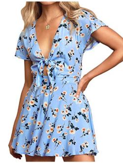 AGQT Womens Summer Floral Print Self Tie Front Romper V Neck Casual Rufffles Short Sleeves Jumpsuit