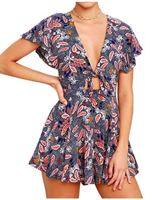 AGQT Womens Summer Floral Print Self Tie Front Romper V Neck Casual Rufffles Short Sleeves Jumpsuit