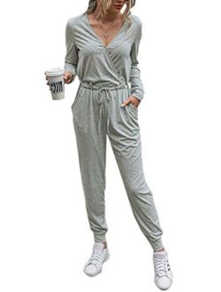 Adibosy Women's V Neck Jumpsuits Long Sleeve Loose Jumpsuit Elastic Waist Romper Summer Rompers for Women