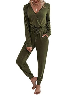 Adibosy Women's V Neck Jumpsuits Long Sleeve Loose Jumpsuit Elastic Waist Romper Summer Rompers for Women