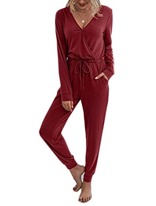 Adibosy Women's V Neck Jumpsuits Long Sleeve Loose Jumpsuit Elastic Waist Romper Summer Rompers for Women