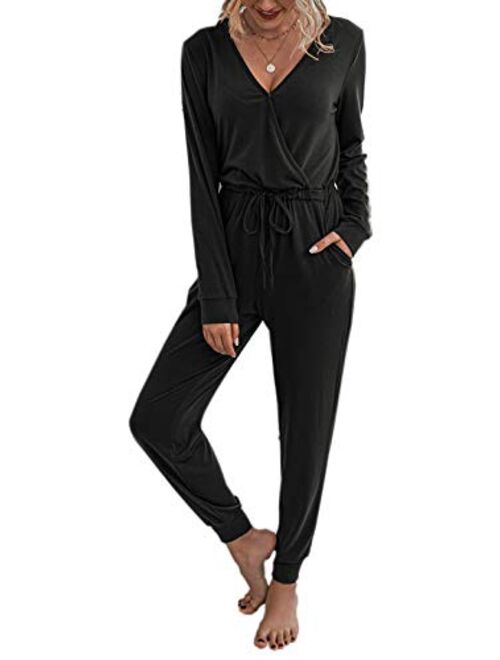 Adibosy Women's V Neck Jumpsuits Long Sleeve Loose Jumpsuit Elastic Waist Romper Summer Rompers for Women