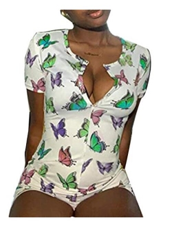 Women V Neck Shorts Romper One Piece Floral Bodycon Jumpsuit Pajama Short Sleeve Bodysuit Overall Yoga Workout Home Wear