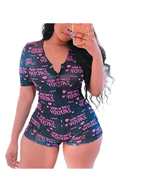 Women V Neck Shorts Romper One Piece Floral Bodycon Jumpsuit Pajama Short Sleeve Bodysuit Overall Yoga Workout Home Wear