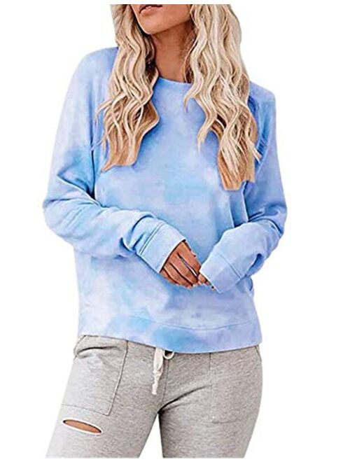 Women's Tie Dye Printed Long Sleeve Sweatshirt Round Neck Casual Loose Pullover Tops Shirts