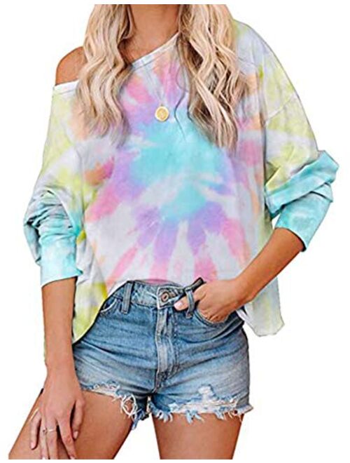 Women's Tie Dye Printed Long Sleeve Sweatshirt Round Neck Casual Loose Pullover Tops Shirts