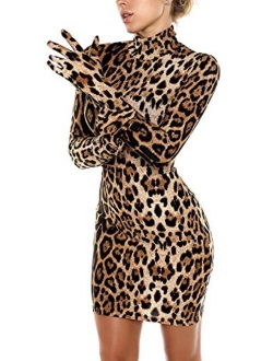 Lynley Women's Animal Tiger Print Bodycon Long Sleeve Turtleneck Party Midi Dress with Removable Gloves