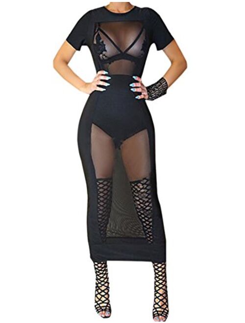 Sedrinuo Women's Summer See Through Mesh Dress Sexy Bodycon Party Club Dress