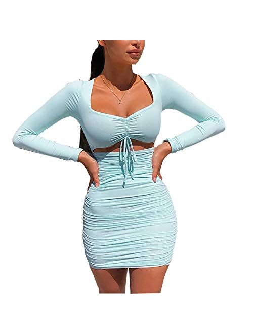 NE Norboe Womens Ruched Short Cut Long Sleeve Sexy Bodycon Club One Piece Mini Dress