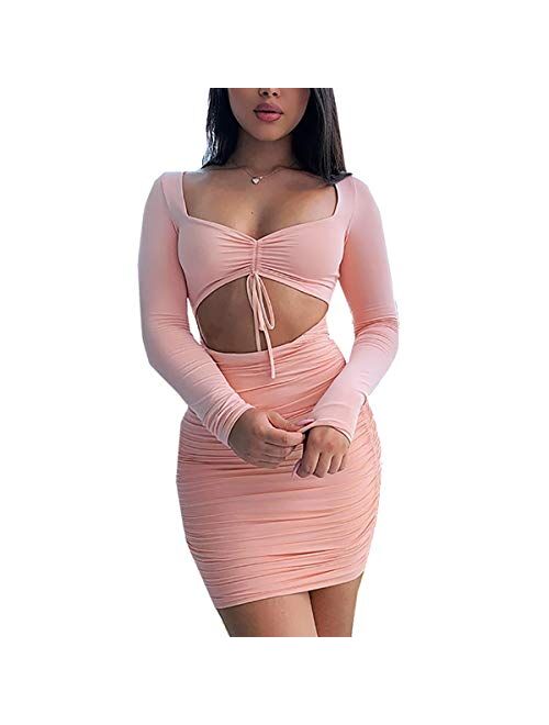 NE Norboe Womens Ruched Short Cut Long Sleeve Sexy Bodycon Club One Piece Mini Dress