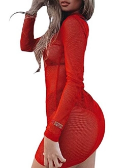 just quella Women's Mesh Lingerie for Women Fishnet Babydoll Mini Dress Long Sleeve Chemise Dress (XXS-3XL)