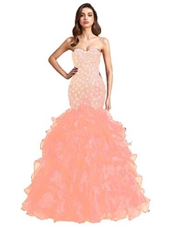 Lemai Crystals Long Mermaid Ruffles Corset Formal trumpet Prom Evening Dress