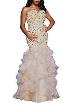 Lemai Crystals Long Mermaid Ruffles Corset Formal trumpet Prom Evening Dress