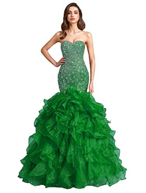 Lemai Crystals Long Mermaid Ruffles Corset Formal trumpet Prom Evening Dress