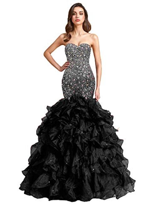 Lemai Crystals Long Mermaid Ruffles Corset Formal trumpet Prom Evening Dress