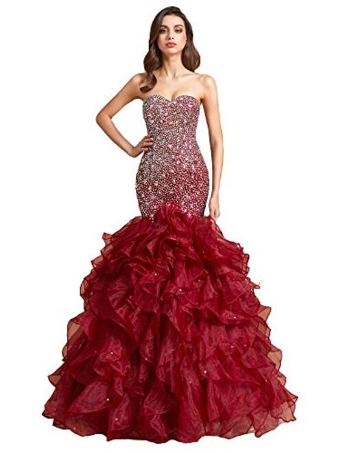 Lemai Crystals Long Mermaid Ruffles Corset Formal trumpet Prom Evening Dress