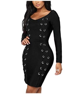 Hybrid & Company Womens Sexy V Neck Off Shoulder Bodycon Stretch Knee Length Midi Bandage Dress for Party