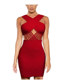 Hybrid & Company Womens Sexy V Neck Off Shoulder Bodycon Stretch Knee Length Midi Bandage Dress for Party