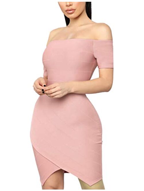 Hybrid & Company Womens Sexy V Neck Off Shoulder Bodycon Stretch Knee Length Midi Bandage Dress for Party