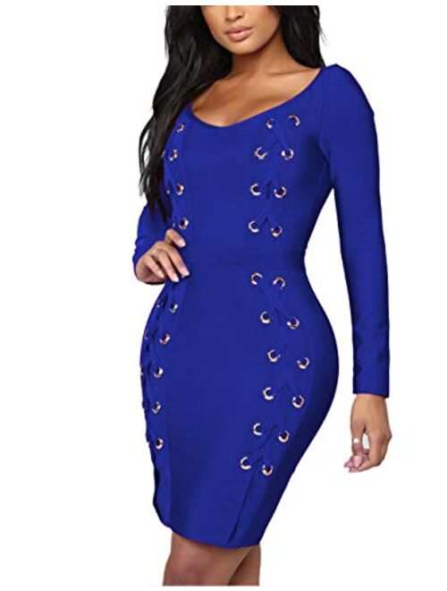 Hybrid & Company Womens Sexy V Neck Off Shoulder Bodycon Stretch Knee Length Midi Bandage Dress for Party