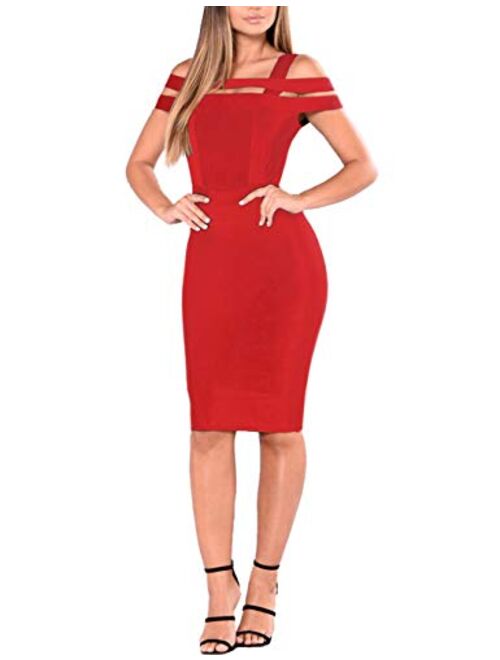 Hybrid & Company Womens Sexy V Neck Off Shoulder Bodycon Stretch Knee Length Midi Bandage Dress for Party