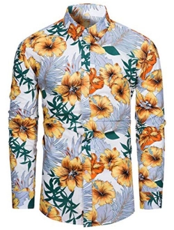 TUNEVUSE Mens Flower Shirt Casual Printed Shirt Cotton Long Sleeve Button Down Floral Dress Shirts